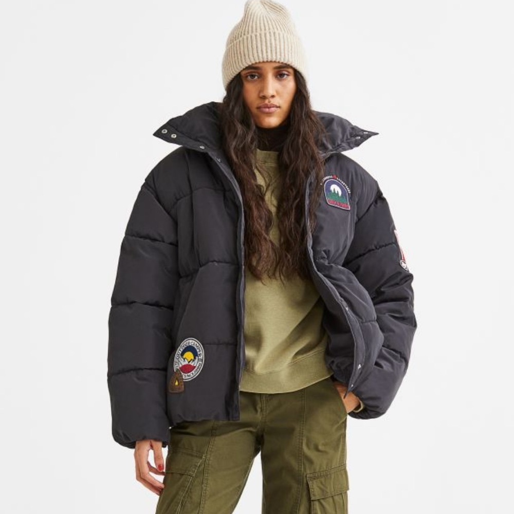 H&M Divided Oversized Varsity Patches Puffer Jacket L